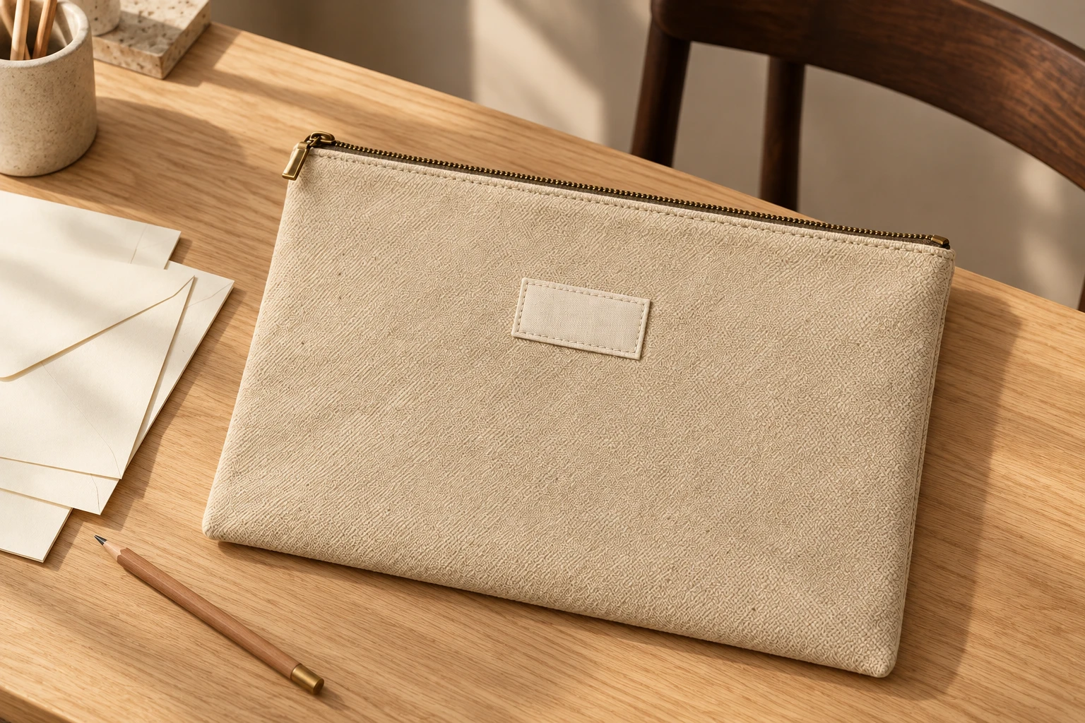 A quiet writing desk with a canvas document pouch and paper notes